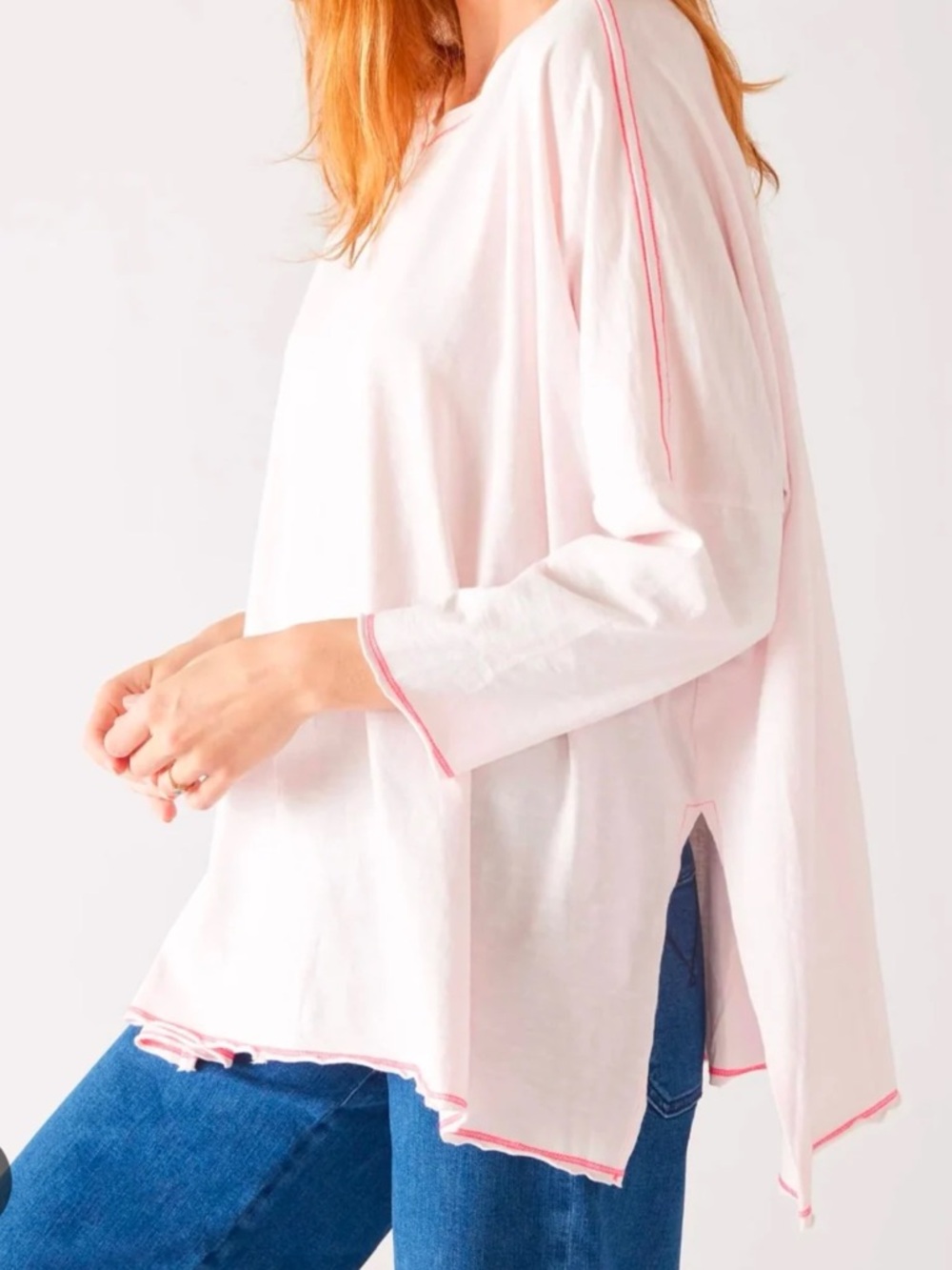 MERSEA CATALINA SLUB PEONY PINK STITCH TRIM PULLOVER ONE SIZE TEE SHIRT